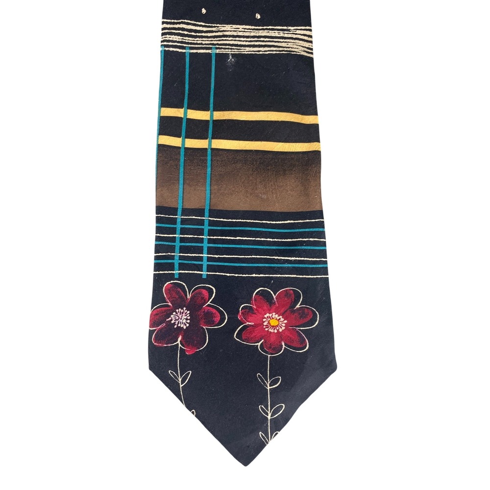 VTG Damon Mens Silk Necktie Black Red Floral Teal Geometric Stripe Tie 58x4